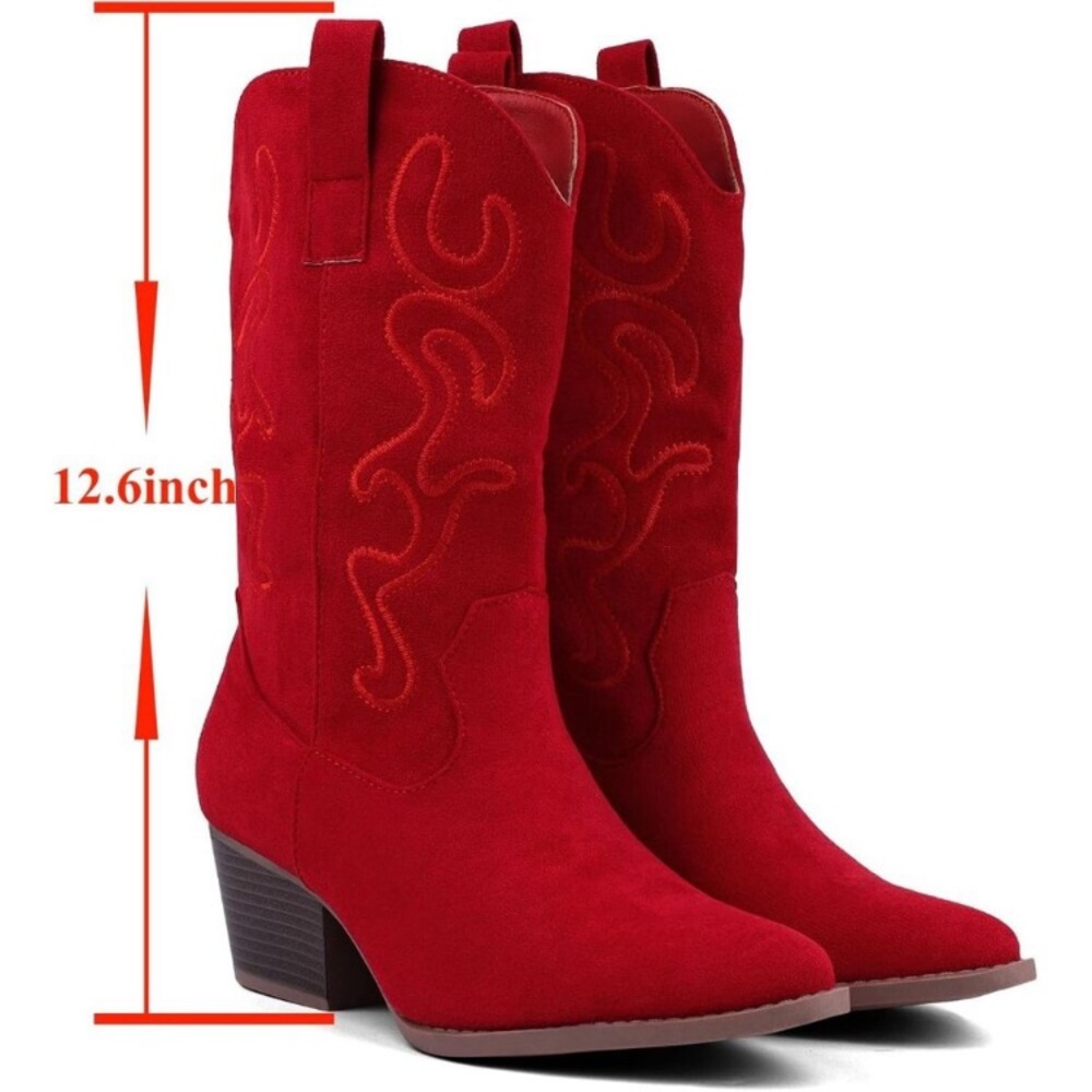 Women Red Suede Mid Calf Chunky Block Heel Western Embroidered Cowgirl Boot - Picture 2 of 8